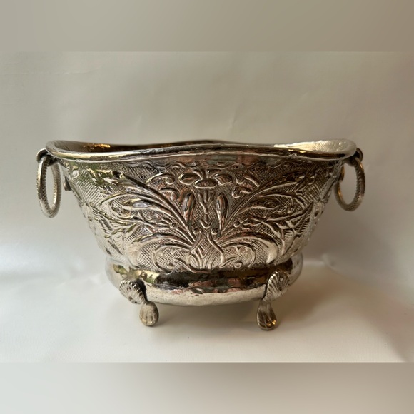 Silver Ornately Embossed Vintage Hammered Footed Planter, Bowl, Ice Bucket - Picture 2 of 7